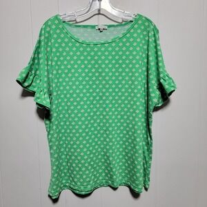 Mary Square Green White Geometric Print Ruffle Sleeve Scoop Neck Top XXL